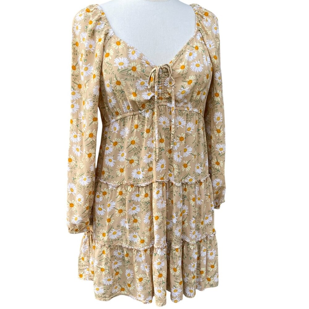 Arizona Babydoll Daisy Floral Tiered Mini Dress Tie Front Cottage Milkmaid-L